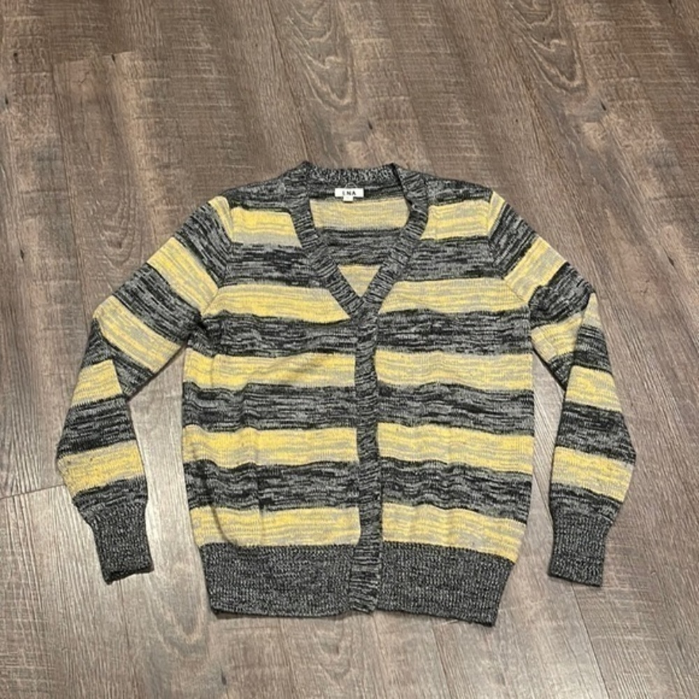 LNA snap front cardigan, sweater, striped yellow black with a bit of gray
